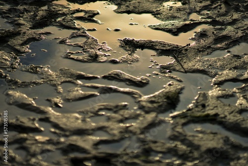 Holes and puddles on the dirty sandy road. Dirt with sunlight reflects in water