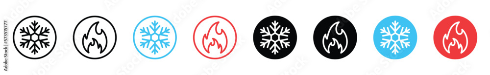 Snowflake and fire icons. Hot and cold icon symbol. Ice and fire icons in circle for apps and websites, vector illustration Snowflake and fire icons. Hot and cold icon symbol. Ice and fire icons in circle for apps and websites, vector illustration