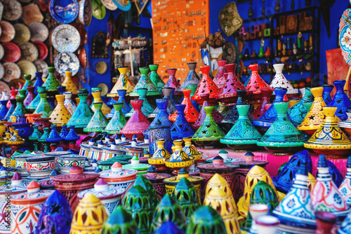 Colored Tajine, plates and pots out of clay on the market in Morocco © Tatyana Gladskih
