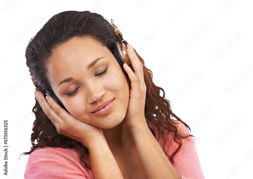 Fototapeta premium A young Jamaican girl enjoying Zen or a calming music on her headphones feels the serenity and for betterment of her mental health isolated on a png background.