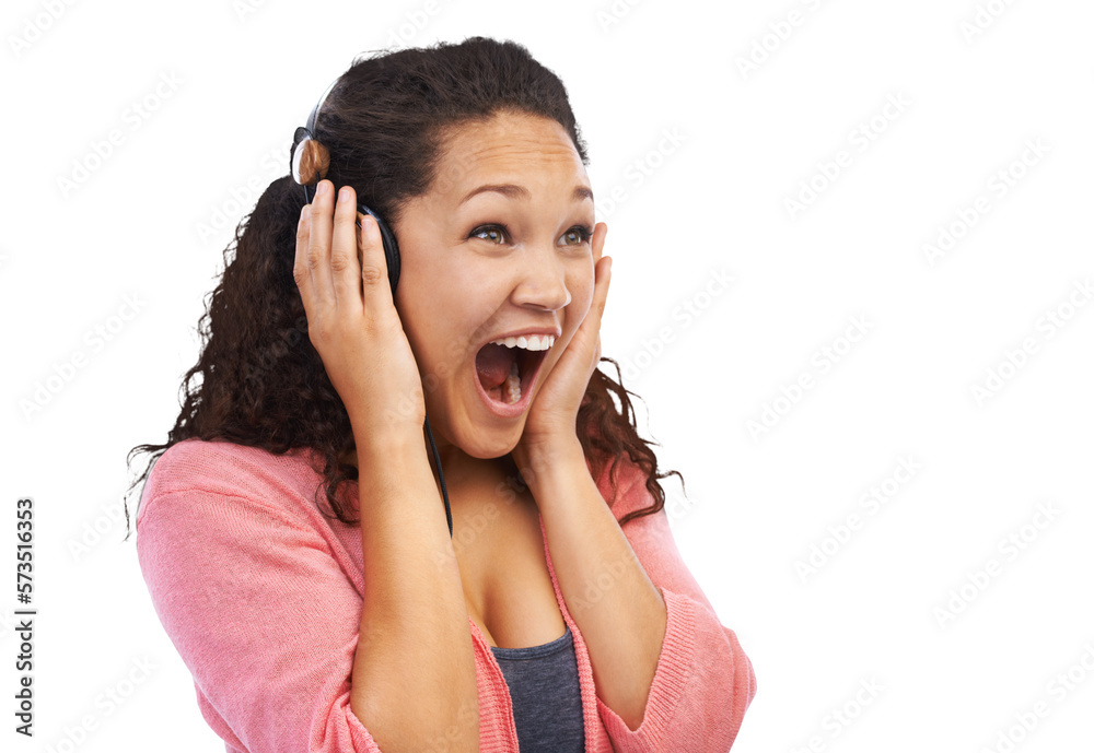 An melomaniac millennial girl screaming out in exhilarating listening to her best-loved music or most favourite artist song isolated on a PNG background. An melomaniac millennial girl screaming out in exhilarating listening to her best-loved music or most favourite artist song isolated on a PNG background.