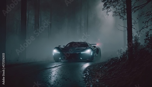 Futuristic cyberpunk sports car driving through mist forest conceptual photo generatie ai, © Roman
