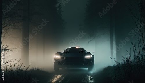 Futuristic cyberpunk sports car driving through mist forest conceptual photo generatie ai 