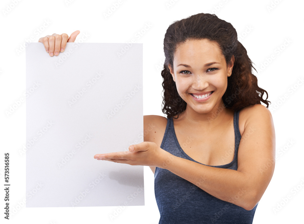 A hispanic girl holding an advertising paper and showing an empty or a blank promotion signboard for campaign as promotion isolated on a png background.
