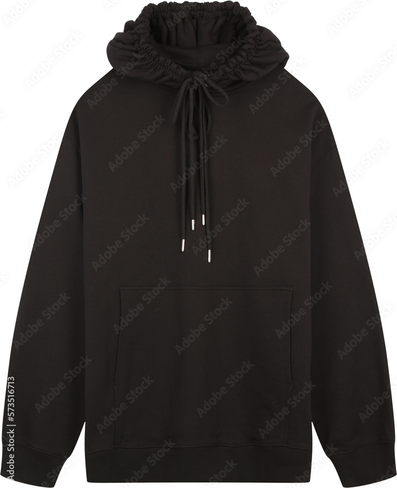 black sweatshirt, hood with drawstrings,  isolated on transparent or white background, png	