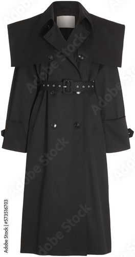 black double-breasted trench coat with turn-down collar, isolated on transparent or white background, png, mockup