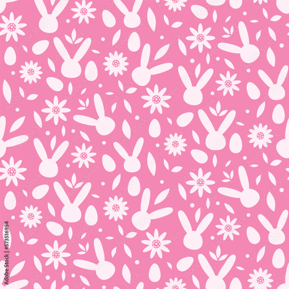 Abstract white easter bunny faces with eggs and flowers seamless pattern on pink background. For Easter fabric, textile and home decor Abstract white easter bunny faces with eggs and flowers seamless pattern on pink background. For Easter fabric, textile and home decor