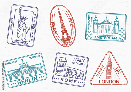 Travel, passport stamps or seals with city landmarks. Vintage badges with grunge texture. Vector illustration.