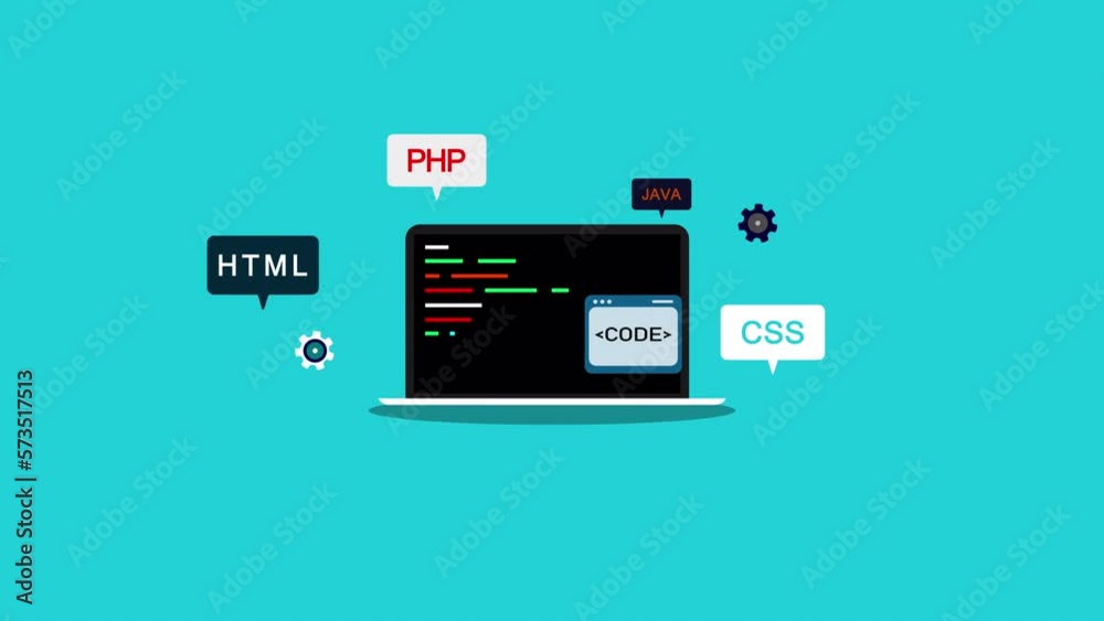 Programming concept. Laptop animation. Programming languages. Coding ...