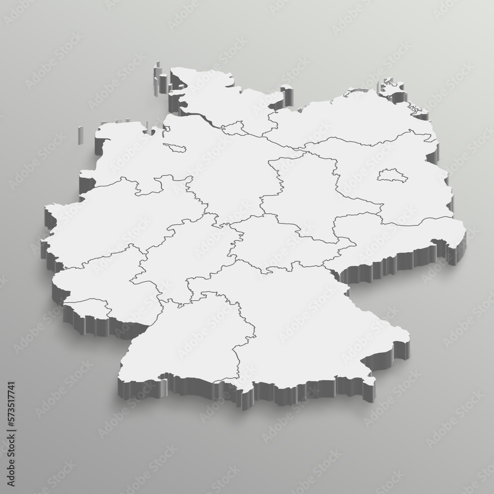 Fully editable 3d isometric white Germany map with States or province in white isolated background.