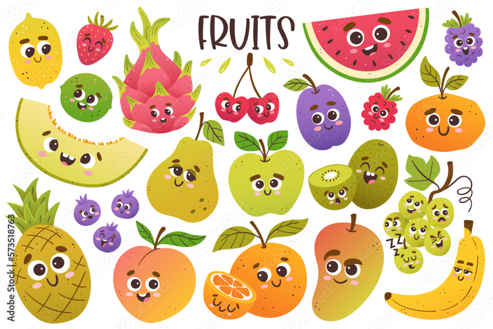Fototapeta premium Cute fruit collection with cartoon faces. Isolated colorful cliparts. Vector illustration.