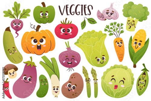 Cute vegetables collection with cartoon faces. Isolated colorful clip arts. Vector illustration.