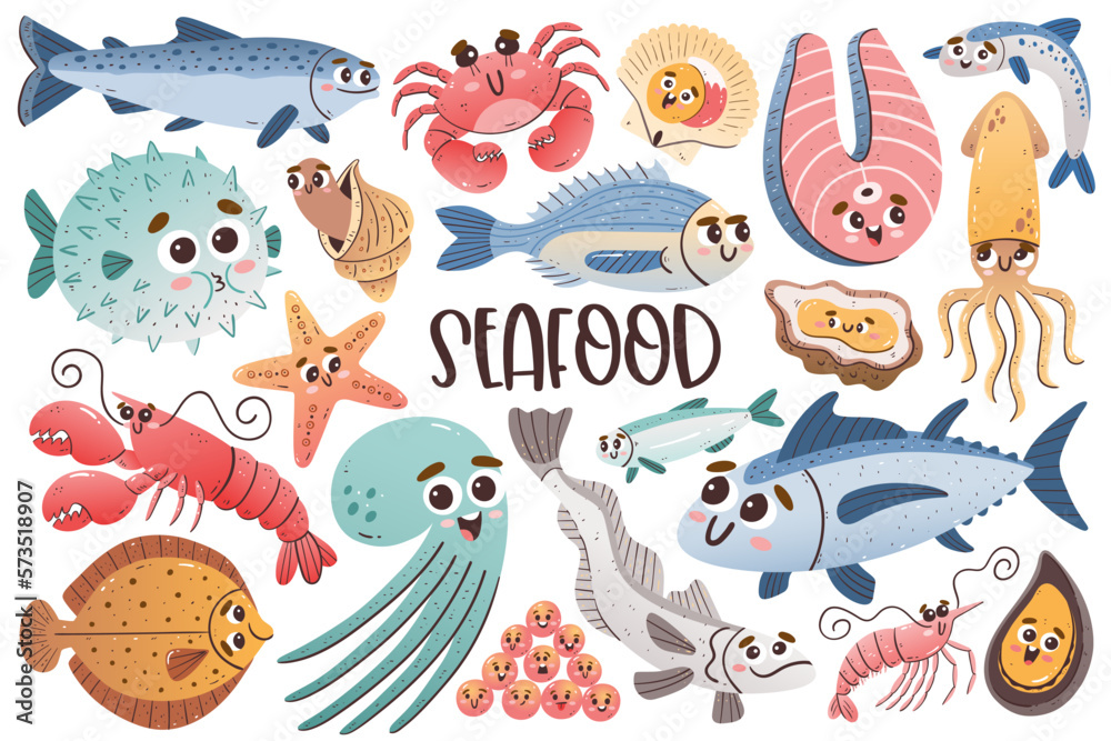 Fototapeta premium Cute seafood collection with cartoon faces. Isolated colorful cliparts. Vector illustration.