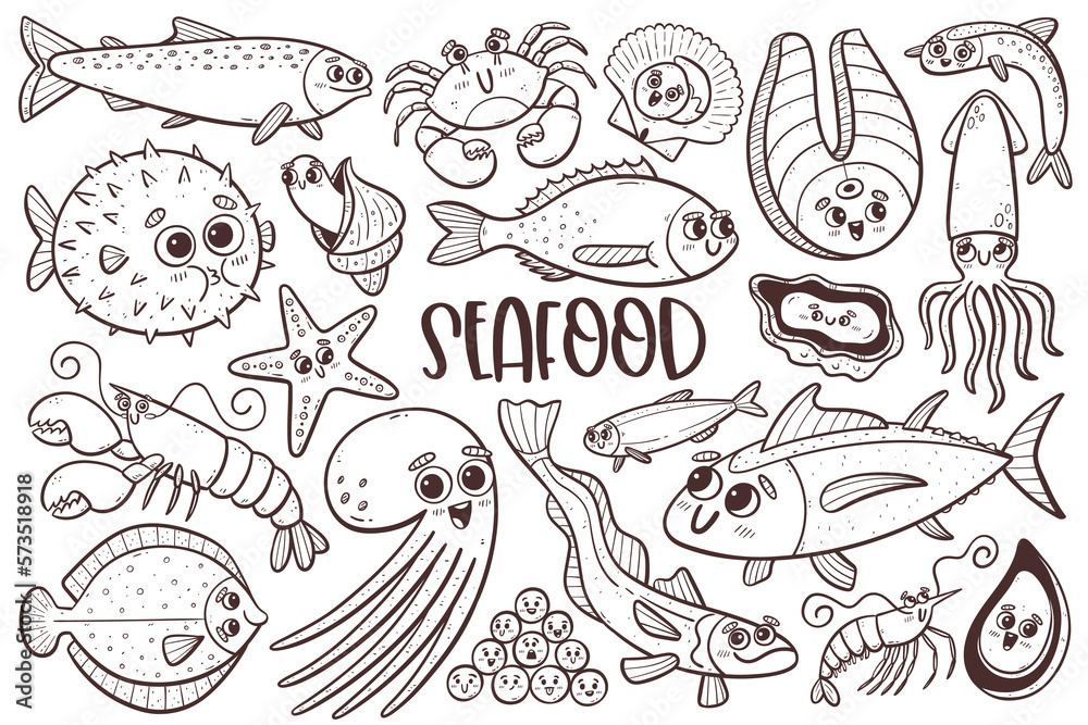 Cute seafood collection with cartoon faces. Isolated doodle cliparts. Vector illustration.