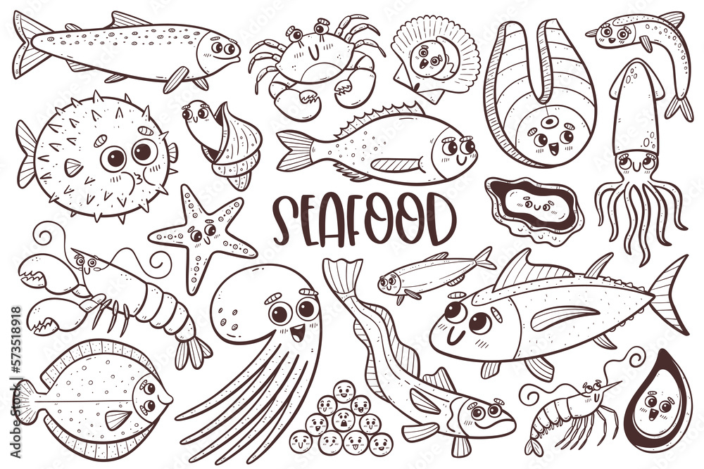 Cute seafood collection with cartoon faces. Isolated doodle cliparts. Vector illustration. Cute seafood collection with cartoon faces. Isolated doodle cliparts. Vector illustration.