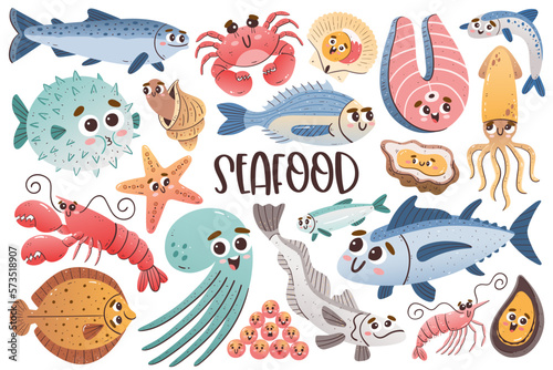 Cute seafood collection with cartoon faces. Isolated colorful cliparts. Vector illustration.