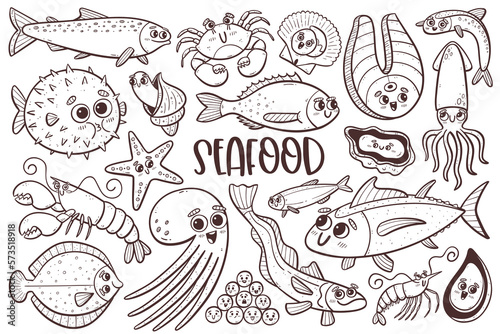 Cute seafood collection with cartoon faces. Isolated doodle cliparts. Vector illustration.