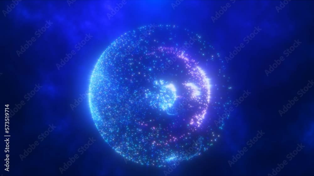 Abstract round blue and purple sphere made of flying particles glowing energy scientific futuristic atom molecule hi-tech background. Video 4k, motion design Abstract round blue and purple sphere made of flying particles glowing energy scientific futuristic atom molecule hi-tech background. Video 4k, motion design
