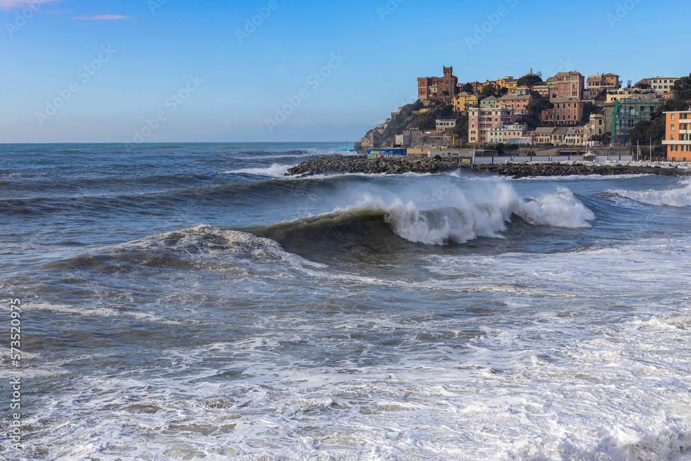 GENOA, ITALY, JANUARY 18, 2023 - Rough sea on the beach of Genoa Sturla, Italy.