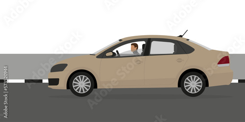 Beige passenger car with a half-open window and a driver on the road next to the sidewalk