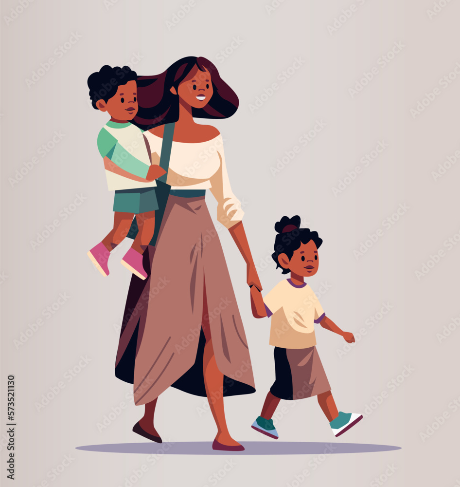 mother and little children walking together mom taking son and daughter to school or kindergarten motherhood mother and little children walking together mom taking son and daughter to school or kindergarten motherhood
