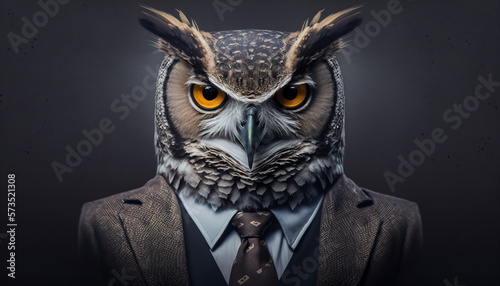 Portrait of owl dressed in a business suit on isolated background. Generative AI