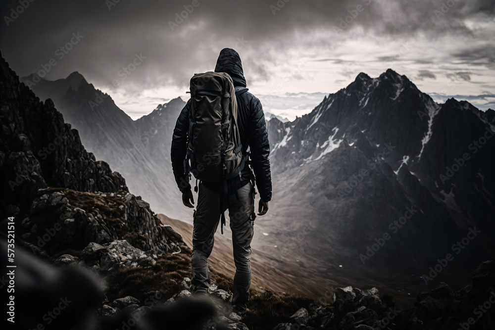 Conquer the mountain. Hiker on top of a summit. Generative ai. Conquer the mountain. Hiker on top of a summit. Generative ai.
