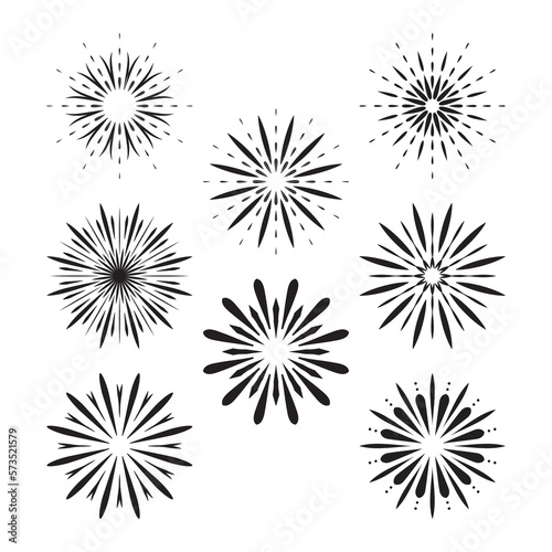 Fireworks icons collection. Graphic different black symbol for festival or carnival explosion  firecracker. Burst contour pattern shaped set isolated on white. Jpeg