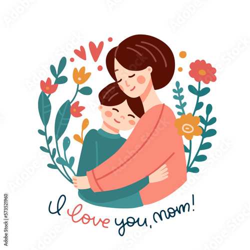 Asian woman cuddling her child. Mom hugging her son with a lot of love and tenderness. Mother's day holiday isolated concept. Hand drawn flat isolated vector design.