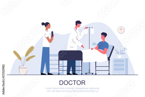 doctor and nurse standing with patient on the bed. Vector illustration in a flat style cartoon character