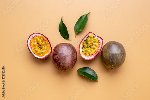 Set of whole and half of fresh passion fruit - marakuya