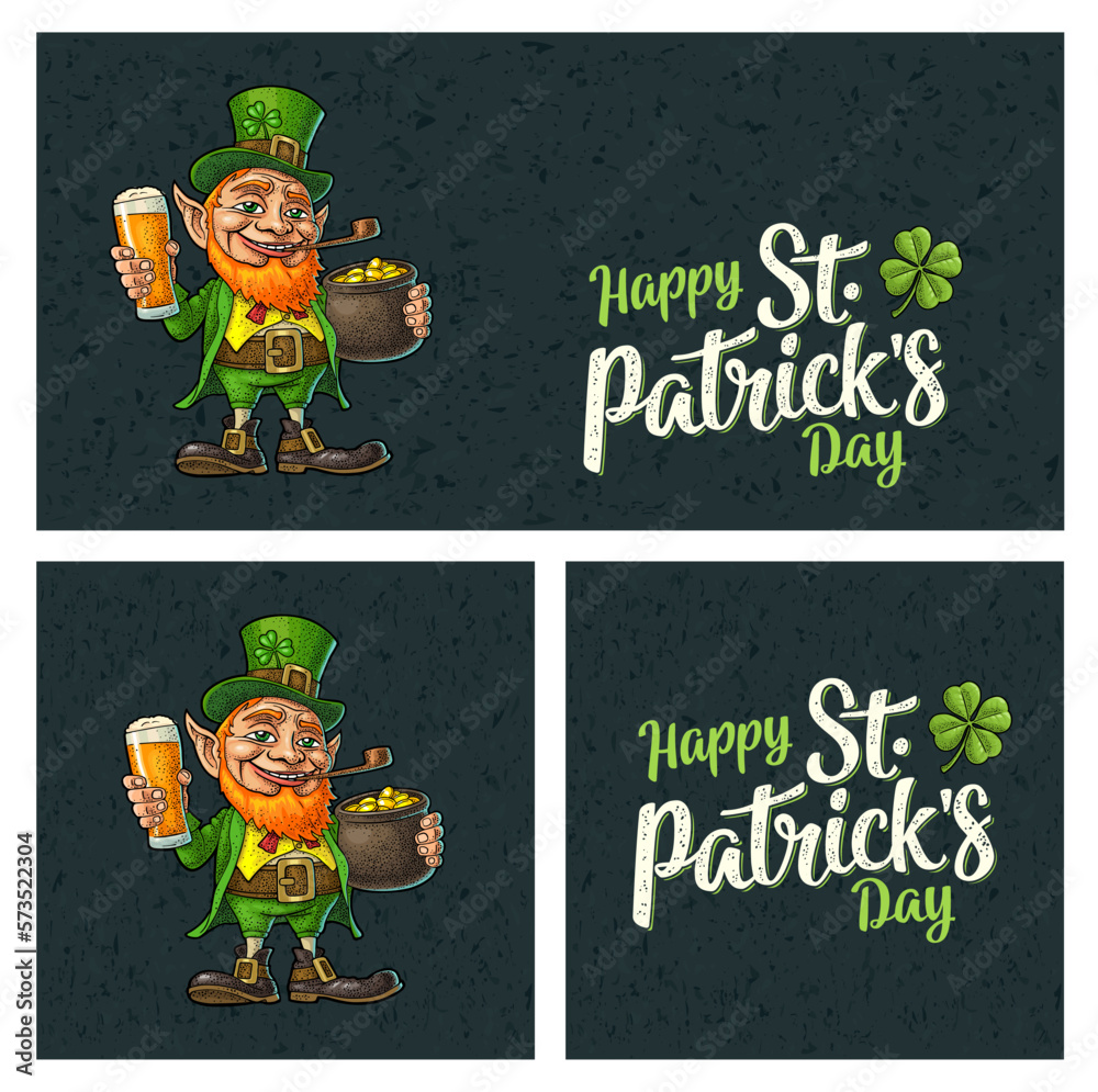 Fototapeta premium Leprechaun holding beer glass and pot of gold coins. Vector engraving for Saint Patrick's Day
