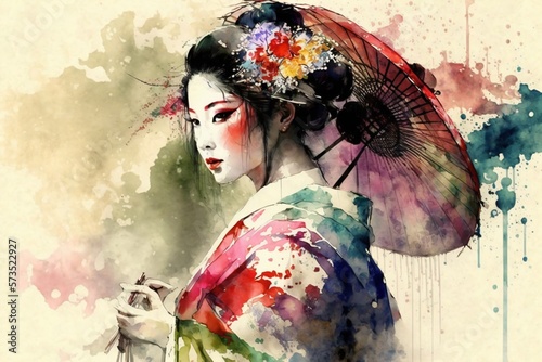 Obraz na płótnie geisha colored with watercolors, generative ai