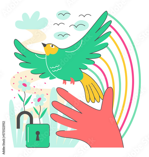 The hand of a man who releases a bird to freedom. Protection and care for the environment. Vector flat line illustration.