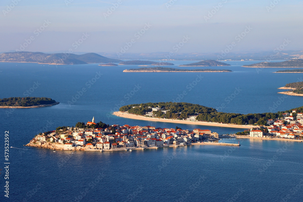 Aerial view of Primosten, small and beautiful town in Croatia.