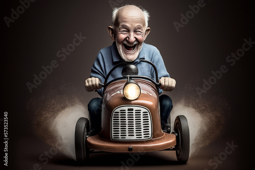 An cute smiling granny man drives a little pedal car - AI generative