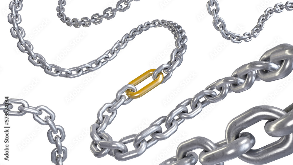 Fototapeta premium 3d model of metallic steel chain on white isolated background with glossy texture