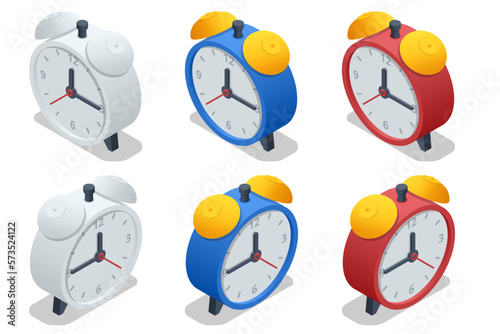 Isometric Alarm clock isolated on white. Vintage clock. Classic timer time.