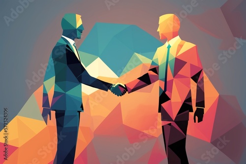Businessmen shake hands after the successful completion of the deal. Creative poster in trendy low poly style. Generative AI illustration.