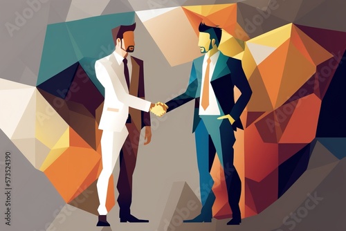 Businessmen shake hands after the successful completion of the deal. Creative poster in trendy low poly style. Generative AI illustration.