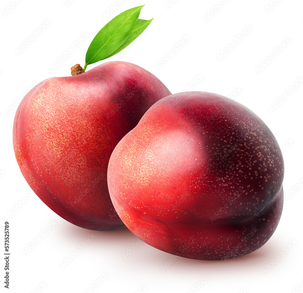 Isolated nectarines. Two whole nectarine fruits with leaves isolated on white background Isolated nectarines. Two whole nectarine fruits with leaves isolated on white background