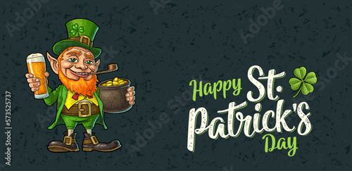Leprechaun holding beer glass and pot of gold coins. Vector engraving for Saint Patrick's Day
