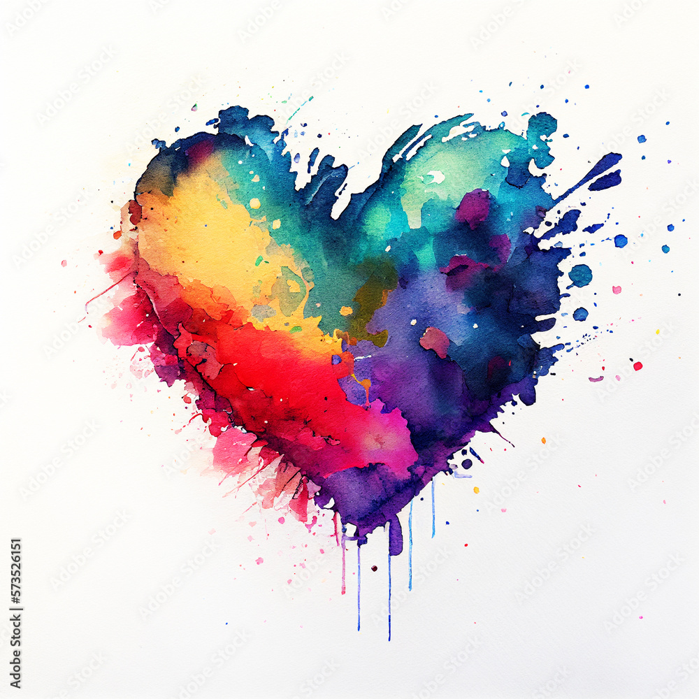 Watercolor heart with bold, bright splashes. Vibrant colors, movement and energy design for Valentine Day, wedding invitation, greeting cards, love, emotion and romance