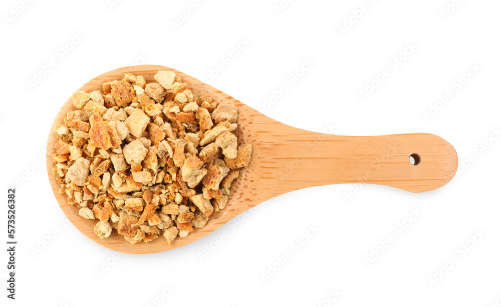 Spoon with dried orange zest seasoning isolated on white, top view Spoon with dried orange zest seasoning isolated on white, top view