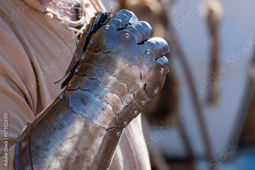 Medieval festival show, historical performance. Weapons, armor, utensils and objects of medieval life.