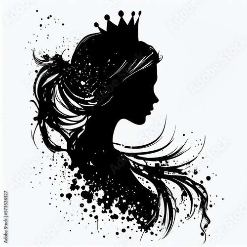 Silhouette of queen face or head side view, young woman bride or lady wear tiara or crown black vintage portrait. Elegant female character with hairdo, royal person black shadow, decal, icon, clipart © Ekaterina