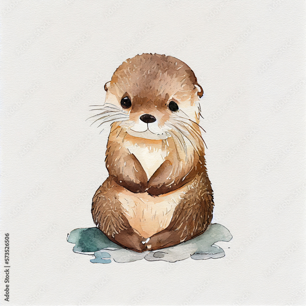 Cute baby otter character, watercolor Sea Otter Enhydra lutris with ...