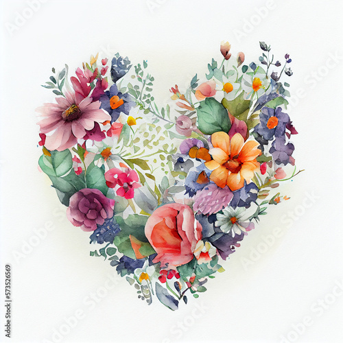 Heart shape of watercolor wildflowers for Valentine's Day. Colorful beautiful flowers and blooms. Template for wedding invitation, greeting card, Isolated element of natural spring or summer blossoms