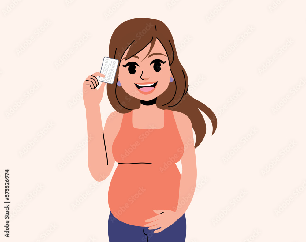 Flat vector illustration of happy pregnant woman holding blister of pills medicine in her hand. Girl taking vitamins for baby health Flat vector illustration of happy pregnant woman holding blister of pills medicine in her hand. Girl taking vitamins for baby health