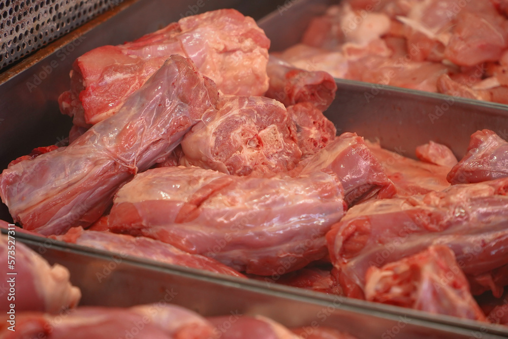 pork loin in a butcher shop. detail. lean meat. pork loin in a butcher shop. detail. lean meat.